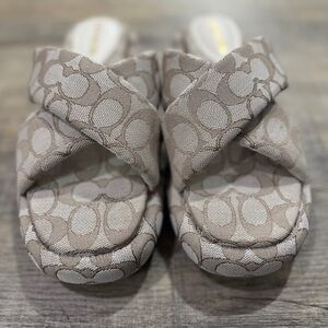 Coach Penelope Jacquard Bubble Flatform Logo Sandals- Oak/Brown, Women’s 8.5